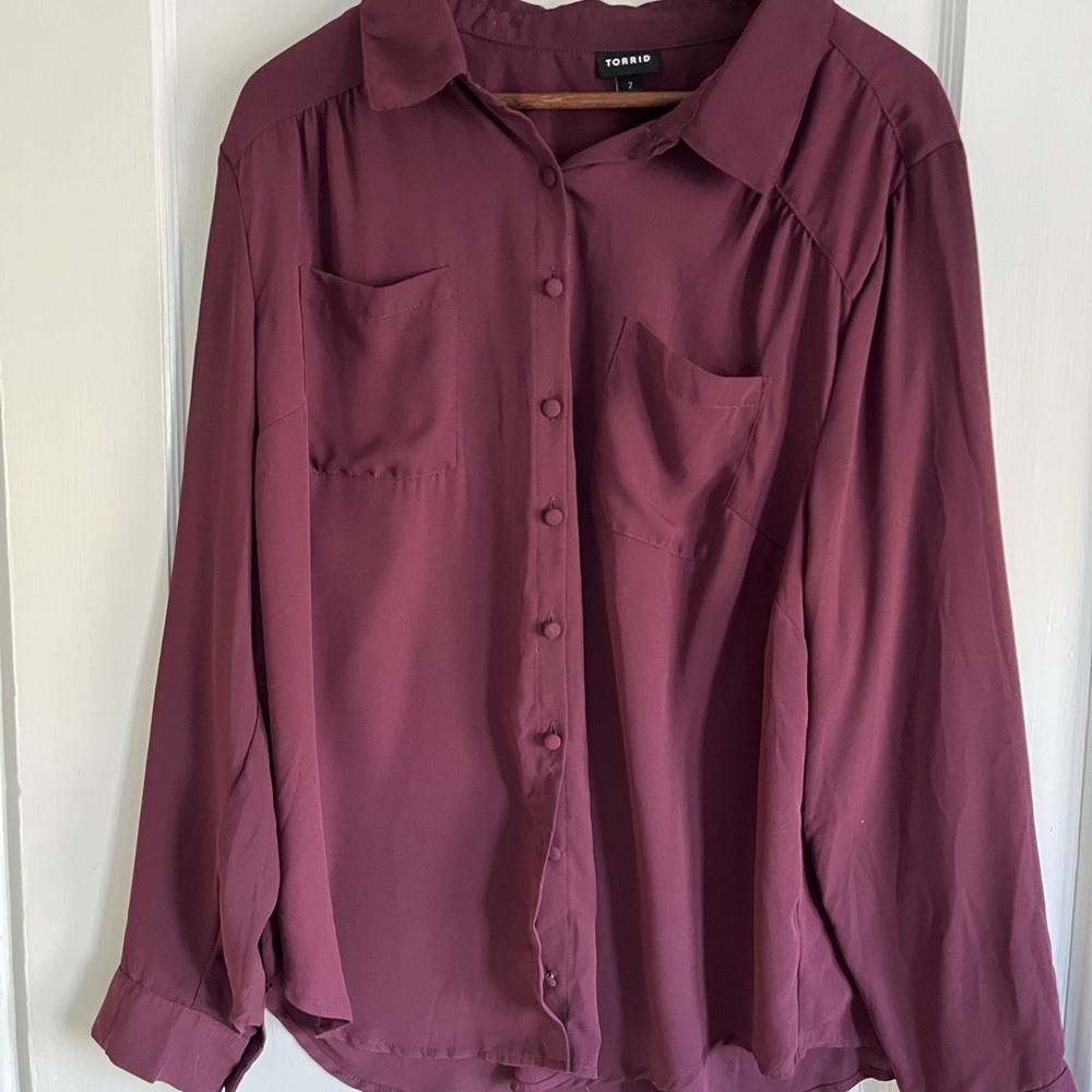 Torrid Red and Purple Button Down Blouse with Notched Collar